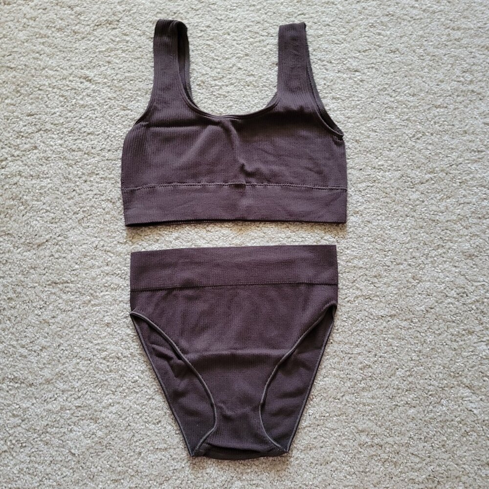 SKIMS Stretch Rib Scoop Bralette + Brief - Soot - L/XL - Picture 1 of 6
